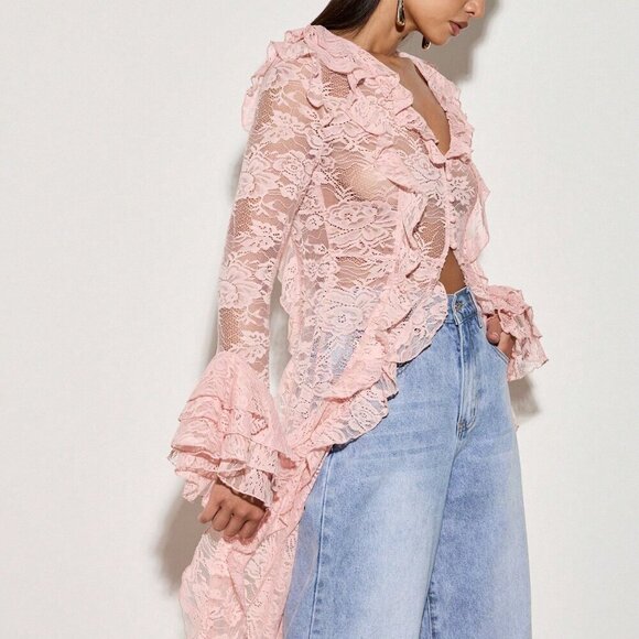 Baby Pink Sexy Women's Boho Lace Ruffle Maxi Blouse - Picture 3 of 6
